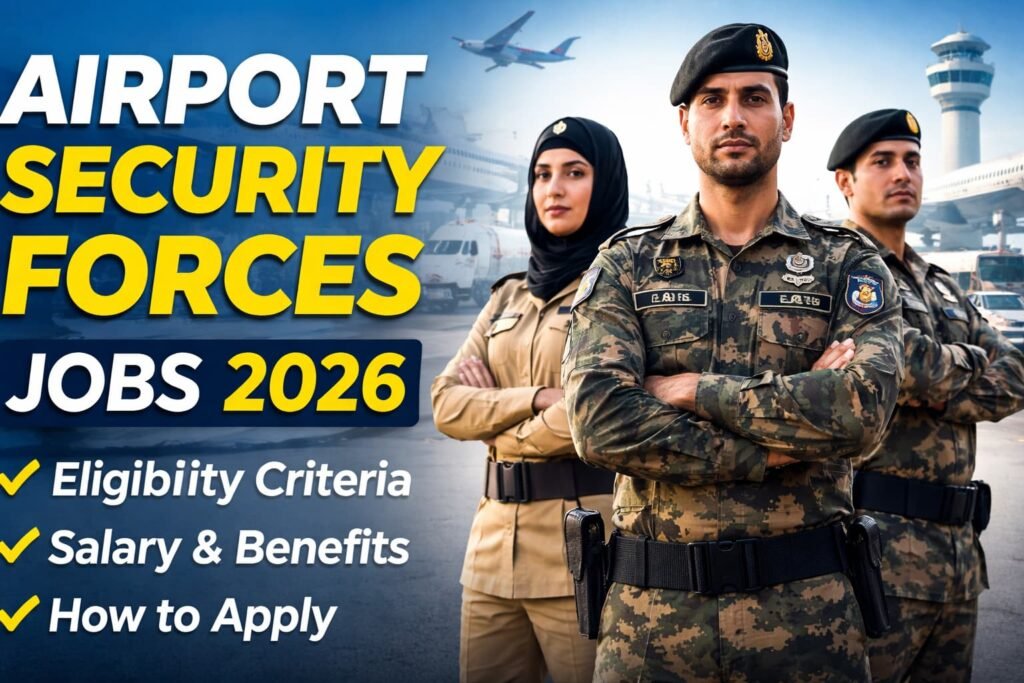 Airport Security Force officers standing at an airport with text Airport Security Forces Jobs 2026 Official Apply Guide highlighting eligibility salary and application details