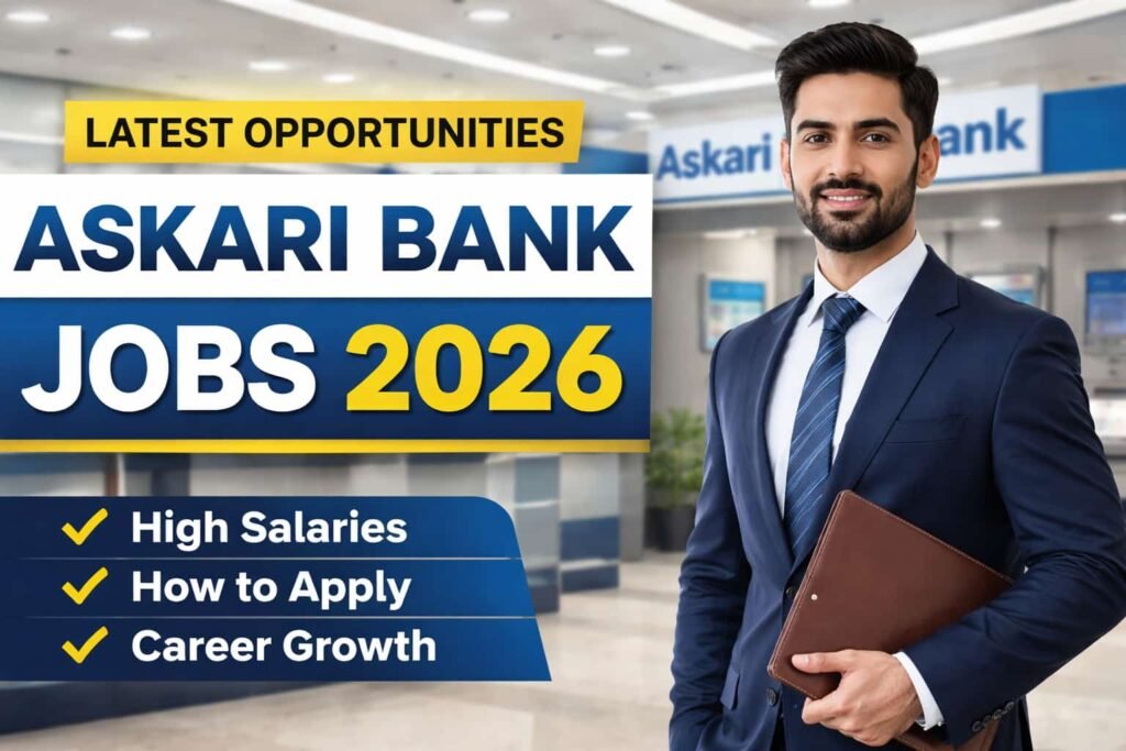 Askari Bank Jobs 2026 thumbnail showing professional bank officers, Askari Bank building, and hiring details including eligibility, salary, and application guide.