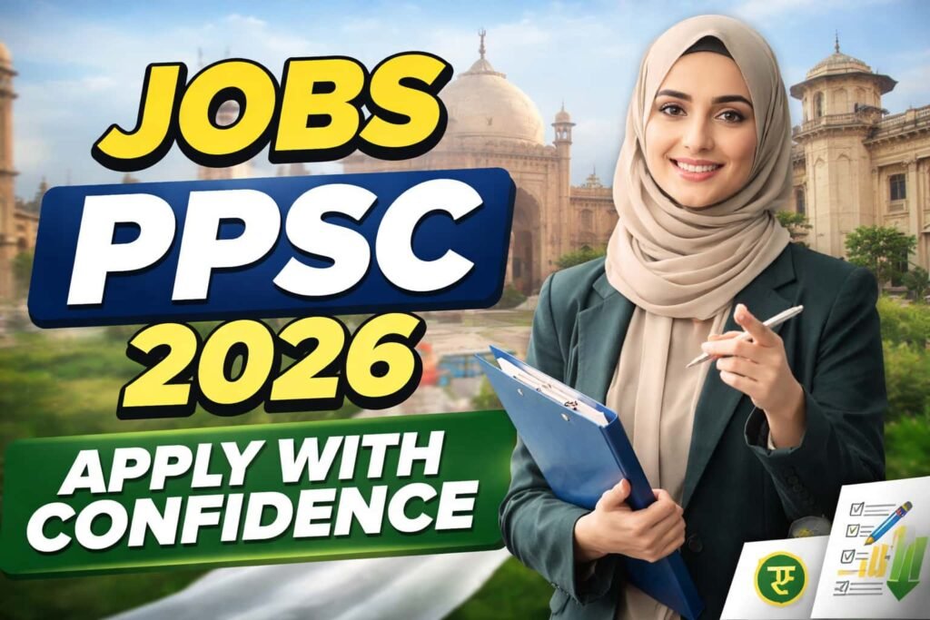 Jobs PPSC 2026 thumbnail showing a confident Pakistani professional with “Jobs PPSC 2026 – Apply with Confidence” text, representing official eligibility and application guidance for Punjab Public Service Commission recruitment.