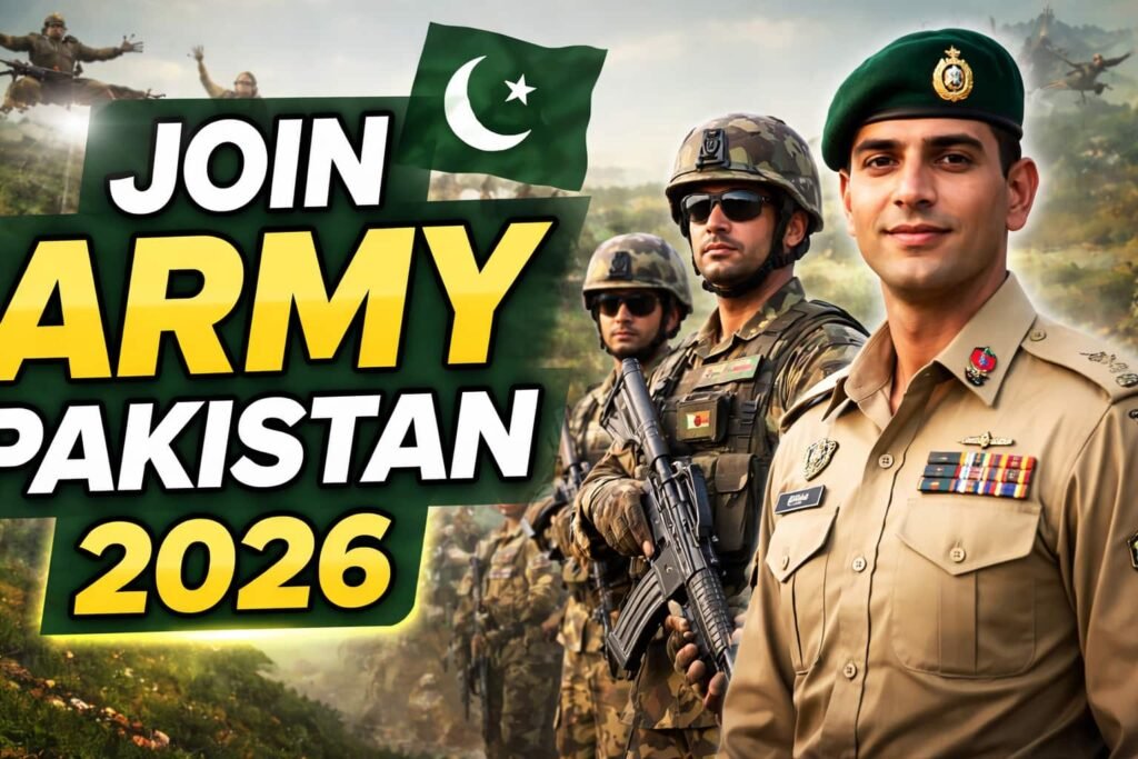 Join Army Pakistan 2026 official recruitment thumbnail showing Pakistan Army soldiers and officer with apply guide text.