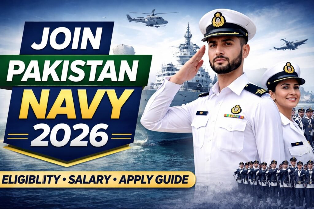 Join navy Pakistan 2026 recruitment thumbnail showing Pakistan Navy officers, warship, and apply guide with eligibility and salary information