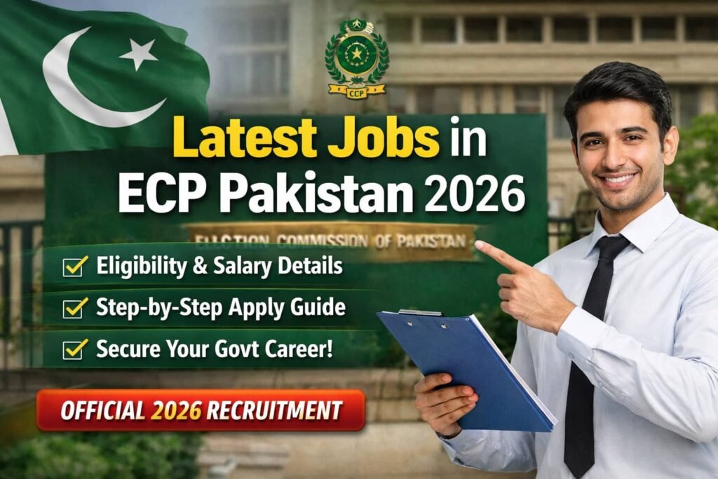 Latest jobs in ecp pakistan 2026 official apply guide thumbnail showing Election Commission of Pakistan recruitment with eligibility, salary, and application highlights.