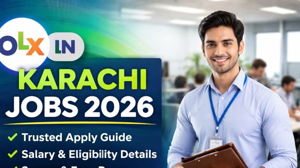 Professional 16:9 banner for OLX in Karachi Jobs 2026 showing a young office employee holding documents with headline “Verified Apply Guide”, salary details and secure application process highlighted.