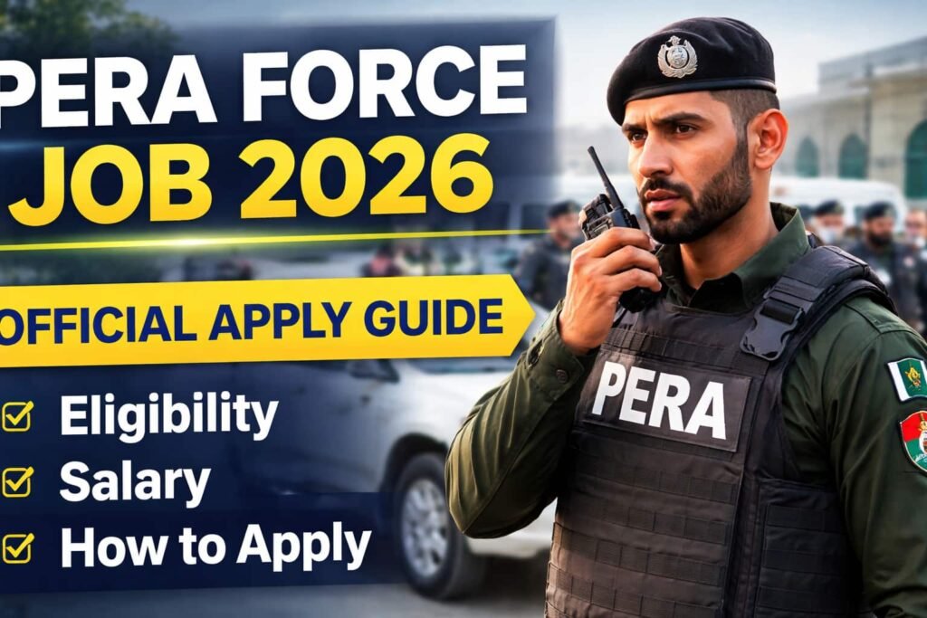 PERA Force Job 2026 thumbnail showing a uniformed enforcement officer with official apply guide, highlighting eligibility, salary, and application process in Pakistan.