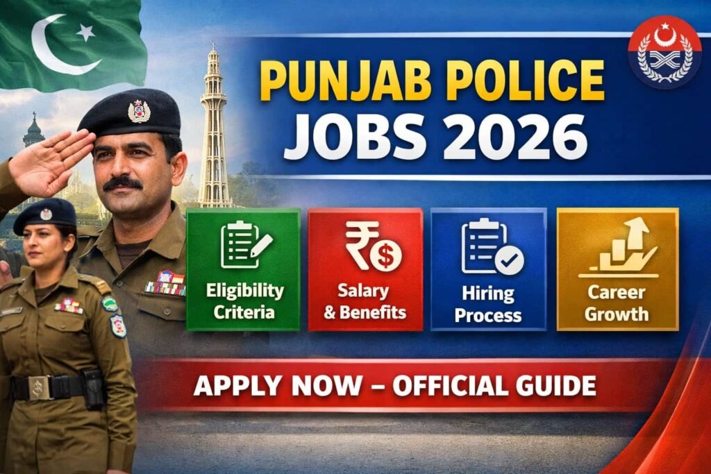 Punjab Police Jobs 2026 official recruitment thumbnail showing uniformed Punjab Police officers, Pakistan flag, Minar-e-Pakistan, and key hiring details including eligibility, salary, application process, and career growth.