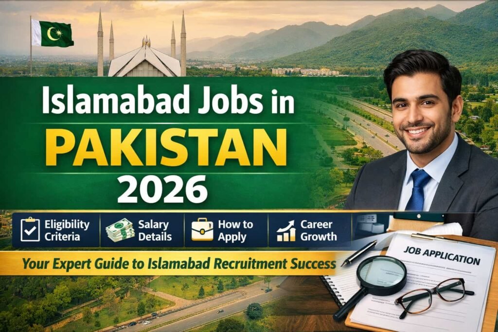 Thumbnail showing Islamabad Jobs in Pakistan 2026 guide with Faisal Mosque, Margalla Hills, and key highlights including eligibility, salary, application process, and career growth.
