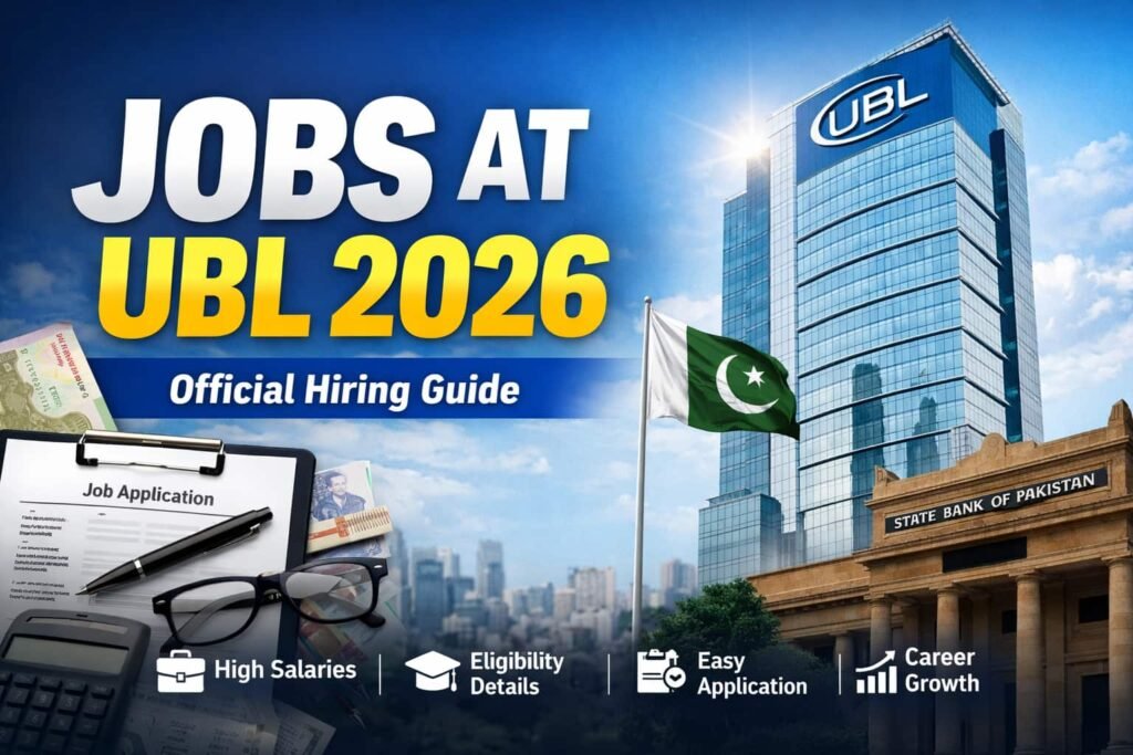 Promotional thumbnail for "Jobs at UBL 2026" showing UBL headquarters, a job application form, calculator, glasses, and icons highlighting high salaries, eligibility details, easy application, and career growth in Pakistan.