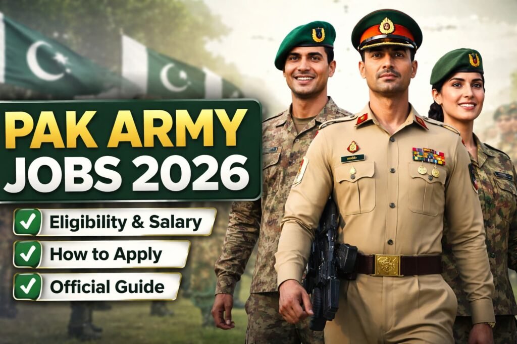 Pak Army Jobs 2026 official recruitment thumbnail showing male and female Pakistan Army officers with apply online, eligibility and salary guide text